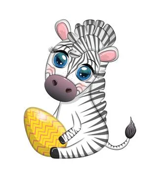 Zebra with Easter egg, flowers. Easter greeting card Stock Illustration