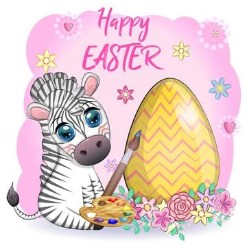 Zebra with Easter egg, flowers. Easter greeting card Stock Illustration
