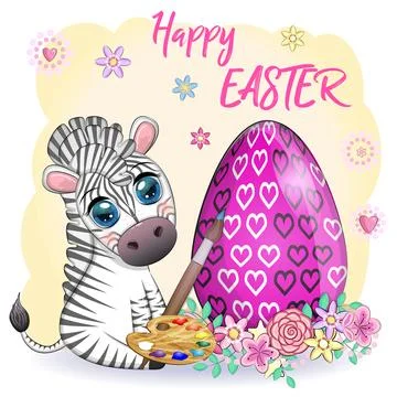 Zebra with Easter egg, flowers. Easter greeting card Stock Illustration