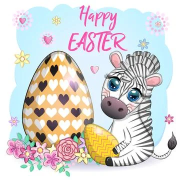 Zebra with Easter egg, flowers. Easter greeting card Stock Illustration