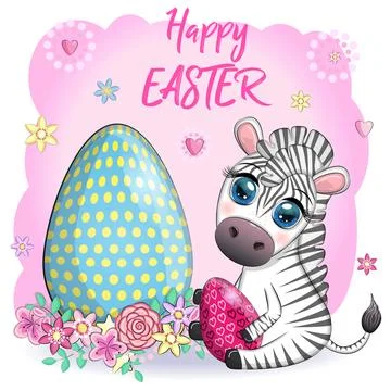 Zebra with Easter egg, flowers. Easter greeting card Stock Illustration