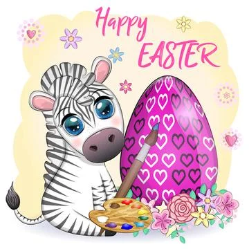 Zebra with Easter egg, flowers. Easter greeting card Stock Illustration