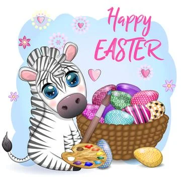 Zebra with Easter egg, flowers. Easter greeting card Stock Illustration