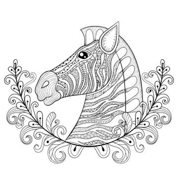 Zebra in Floral frame. Vector zentangle Zebra Head illustration 스톡 일러스트