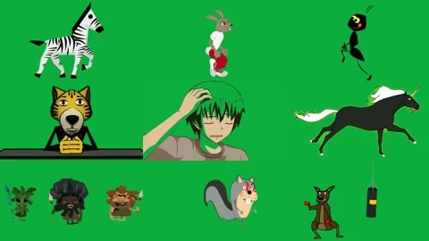 Zebra green background cartoon rabbit white shirt red pants ant cat suit. Stock Footage 310562697