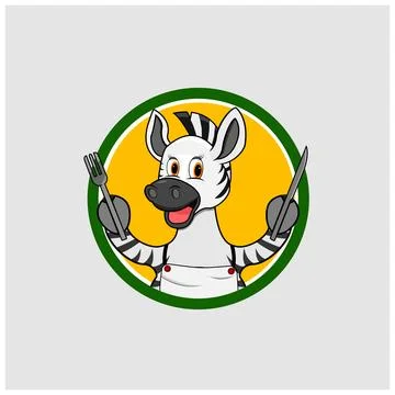 Zebra Head Circle Label Bring Fork and Knife And Ready For Eat Stock Illustration