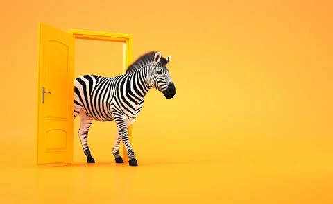 A zebra passing through a yellow door. This scene evokes curiosity and surr.. Stock Illustration