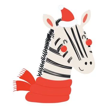 Zebra in a Santa Claus hat, red scarf isolated Stock Illustration
