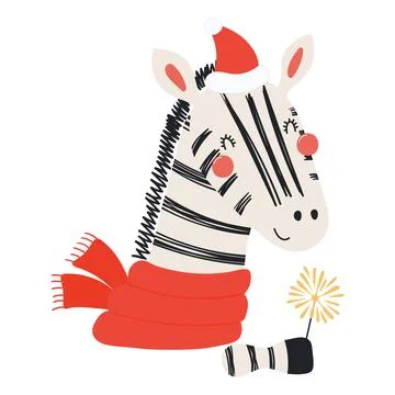 Zebra in a Santa hat, with sparkler isolated Stock Illustration