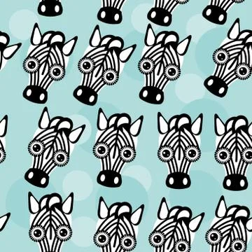 Zebra seamless pattern with funny cute animal face on a blue background Stock Illustration