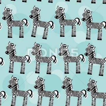 Zebra Seamless pattern with funny cute animal on a blue background ~ Clip  Art #48387391