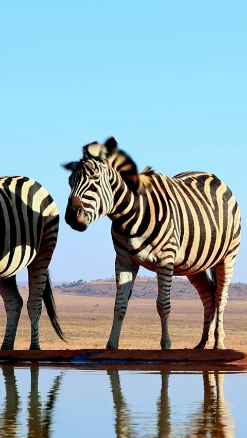 Zebra Shaking Head in Slow Motion at Waterhole, Vertical Wildlife Shot Stock Footage 341129058