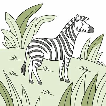 Zebra standing in green grass - coloring page outline with a stylized cartoon Stock Illustration