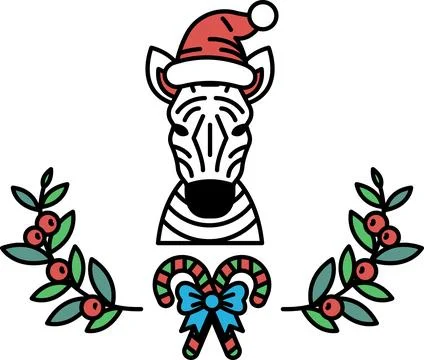 A zebra wearing a Santa hat and a bow Stock Illustration