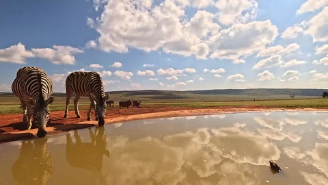 Zebras Drinking at Waterhole Under a Cloud-Filled Sky 스톡 동영상 333208707