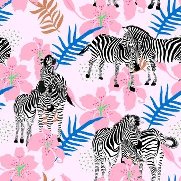 Zebras seamless pattern with lilly and leaves. Tropical camouflage print. Illustrazione stock