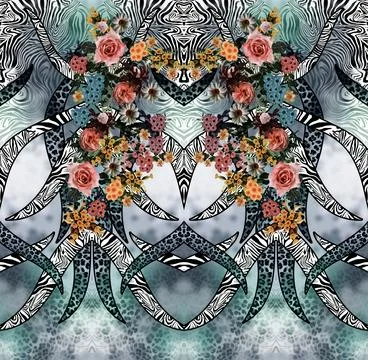 Zebra,Skin,Mix,Leopard,Pattern,With,Flowers Stock Illustration