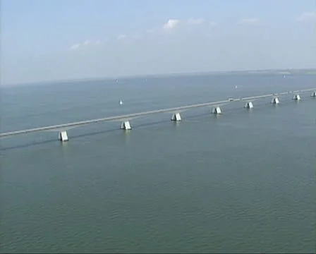 Zeeland bridge spanning the Eastern Scheldt estuary - wide shot. Stock Footage 22342243
