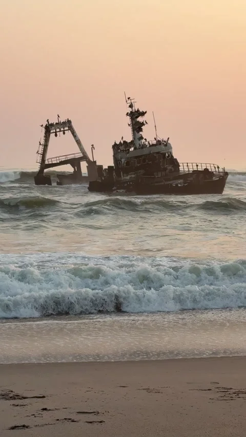 Zeila Shipwreck on the Skeleton Coast in Namibia, Africa Stock Footage 340892204