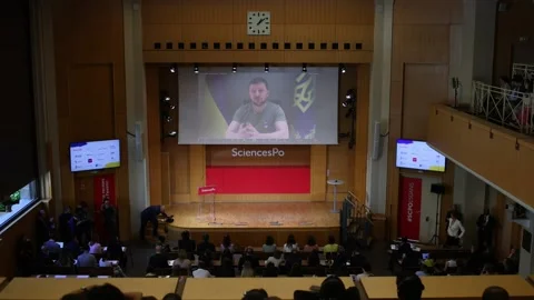Zelenskyy videoconference speech at Sciences Po university in Paris, París, FR - Stock Footage 204132485