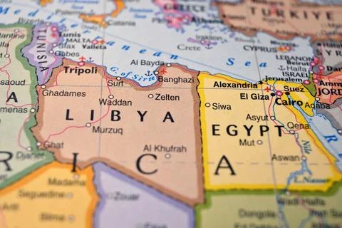 Zelten Libya on World Map Close Up Macro Defocused Background Geographic Imag 写真素材