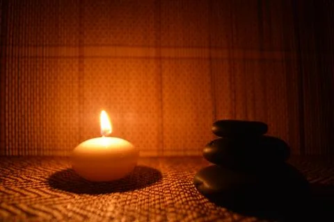 Zen Ambiance With Candles &amp; Stone Stack Stock Photos