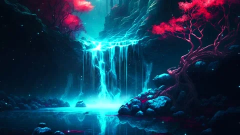 Zen and calm animation loop of landscape with waterfall and cherry tree lan.. Stock Footage 235659048