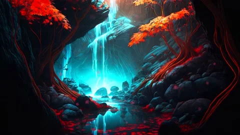 Zen and calm animation loop of landscape with waterfall and cherry tree lan.. Stock Footage 235660078