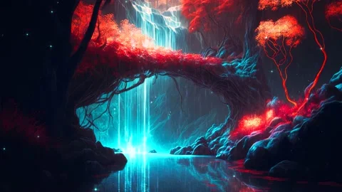 Zen and calm animation loop of landscape with waterfall and cherry tree lan.. Stock Footage 235663045