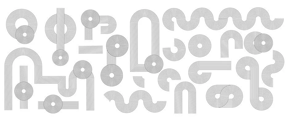 Zen arch set of patterns and abstract circles and organic shapes. Linear black Stock Illustration