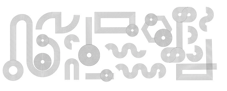 Zen arch set of patterns and abstract circles and organic shapes. Linear blac Stock Illustration