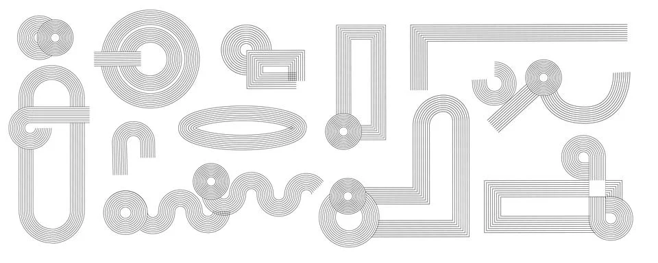 Zen arch set of patterns and abstract circles and organic shapes. Linear blac Stock Illustration