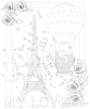 Zen art stylized Eiffel tower. Sketch, poster, children or adult coloring pag Illustrazione stock