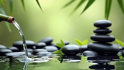 Zen Artwork - Tranquil Bamboo and Stacked Stones with Flowing Water Stock Footage 295985471