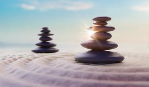 Zen-like balanced stones in stack. Harmony and meditation concept. 3D rendere イラスト素材