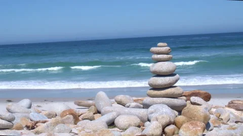 Zen Beach - Tower of Stacked Flat Stones Video stock 154386340