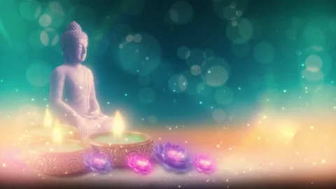 Zen Buddha Statue with Burning Candles and Lotus Flowers Seamless Loop Stock Footage 331617888