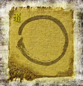 Zen circle on frayed jute. With ideogram Dao, the method. Stock Illustration