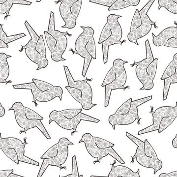 Zen doodle bird. Vector seamless background. Stock Illustration