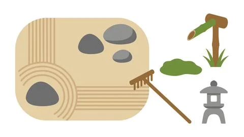 Zen garden landscape elements with sand ripples stones and traditional ston.. Stock Illustration
