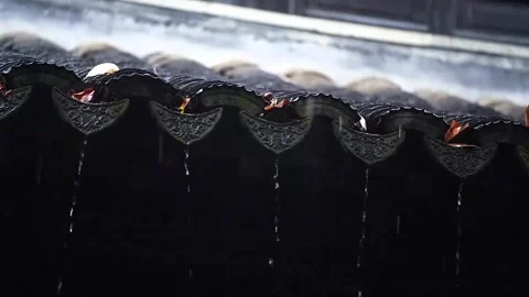 Zen Garden Rain Scene With Dripping Roof Edge Stock Footage 346108579