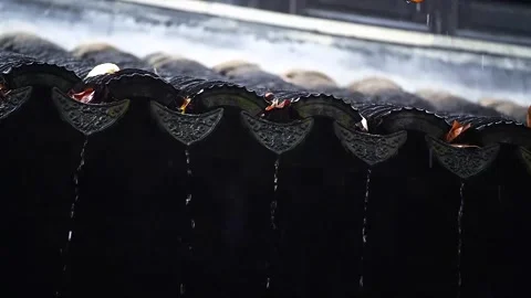 Zen Garden Rain Scene With Dripping Roof Edge Stock Footage 346108592