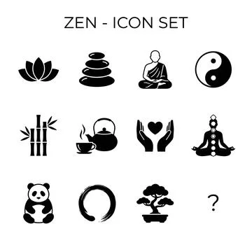Zen icon set collection featuring lotus flower, stacked stones, meditating .. Stock Illustration