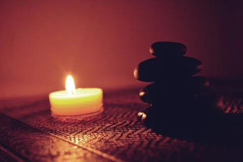 Zen Meditation Candle &amp; Stone Stack Stock Photos