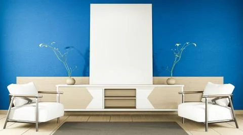 Zen modern empty dark blue room,minimal design japanese style. 3d rendering Stock-Illustration