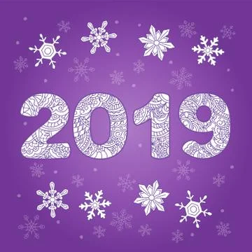 Zen patterned 2019 with snowflakes on violet Stock Illustration