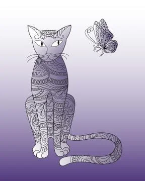 Zen patterned cat with butterfly Stock Illustration