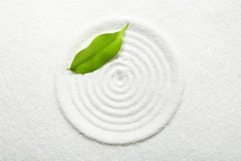 Zen rock garden. Circle pattern and green leaf on white sand, top view Stock Photos