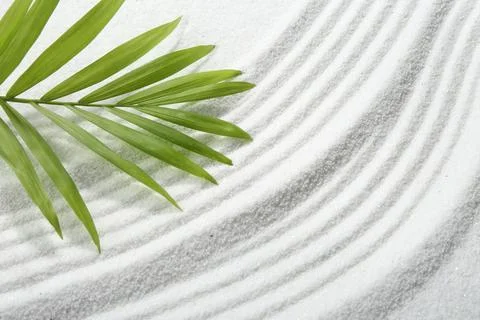 Zen rock garden. Wave pattern and green leaf on white sand Foto stock