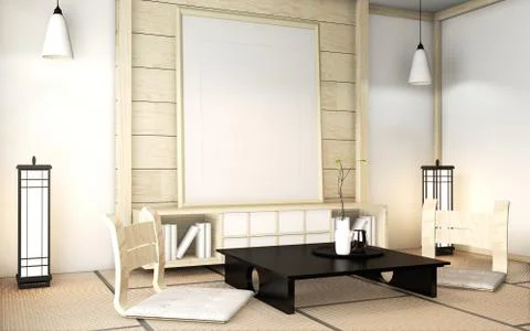 Zen room interior wooden wall on tatami mat floor with poster frame, low tabl Stock Illustration